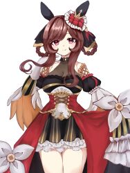 1girl animal_ears bare_shoulders black_dress black_ribbon braid braided_hair_rings breasts brown_hair closed_mouth clothing_cutout commentary_request corset dress ear_ornament gentildonna_(umamusume) gloves hair_ribbon hair_rings hand_up highres horse_ears horse_girl long_hair long_sleeves medium_breasts mensoreimuremu red_corset red_skirt ribbon shoulder_cutout showgirl_skirt sidelocks simple_background skirt smile solo swept_bangs thighs twin_braids umamusume variant_set white_background white_gloves