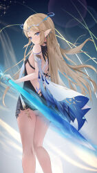 1girl absurdres ass bare_shoulders black_collar black_dress blonde_hair blue_eyes blush braid breasts cartethyia_(wuthering_waves) collar crown_of_thorns detached_sleeves dress earrings facial_mark forehead_mark highres holding holding_sword holding_weapon horns jewelry kodokunogotoku long_hair looking_at_viewer looking_back pointy_ears small_breasts solo sword tabard weapon white_tabard wuthering_waves yellow_horns