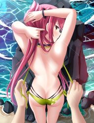1boy 1girl arms_up ass beach bikini blush butt_crack day eiyuu_densetsu from_behind helvetica_std highres layered_bikini long_hair looking_at_viewer looking_back outdoors ponytail pov pov_hands red_hair sara_valestein sen_no_kiseki_(series) sen_no_kiseki_i solo_focus standing swimsuit water yellow_bikini yellow_eyes