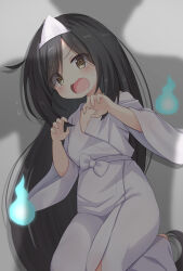 1boy 1girl @_@ black_hair blue_fire blush bow breasts brown_eyes cleavage collarbone confused cowboy_shot d: fingernails fire floating flying_sweatdrops ghost ghost_pose grey_background highres hitodama japanese_clothes kabedon kimono kneeling light_blush long_hair looking_at_viewer mogura2009 open_mouth original parted_bangs petite pov scared shadow side_ahoge simple_background small_breasts sweatdrop triangular_headpiece v-shaped_eyebrows very_long_hair waist_bow white_bow white_kimono wide_sleeves
