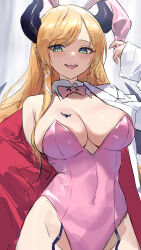 1girl animal_ears arm_up bare_shoulders blonde_hair blush bow bowtie breast_tattoo breasts cleavage coat covered_navel demon_girl demon_horns detached_collar fake_animal_ears female_focus garter_straps green_eyes groin guchico highleg highleg_leotard highres hololive horns lab_coat large_breasts leotard long_hair long_sleeves looking_at_viewer off_shoulder open_clothes open_coat open_mouth pink_bow pink_bowtie pink_leotard playboy_bunny rabbit_ears sketch smile solo strapless strapless_leotard tattoo teeth tongue tongue_out two-sided_coat two-sided_fabric upper_teeth_only virtual_youtuber yuzuki_choco