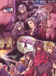 00s 2000s_(style) absolutely_everyone aerith_gainsborough barret_wallace black_hair black_shirt blonde_hair brown_hair buster_sword cait_sith_(final_fantasy) cape cid_highwind closed_eyes cloud_strife everyone final_fantasy final_fantasy_vii final_fantasy_vii_advent_children formal_clothes garakuta_(chika) gloves hair_down headband high_collar holding holding_net holding_weapon kadaj long_hair lowres loz marlene_wallace megaphone necktie net own_hands_clasped parachute parted_bangs red_cape red_hair red_headband red_xiii reno_(ff7) rude_(ff7) sephiroth shirt short_hair shuriken silver_hair slicked_back_hair spiked_hair square_enix squid suit tifa_lockhart vest vincent_valentine weapon white_vest yazoo yuffie_kisaragi zack_fair