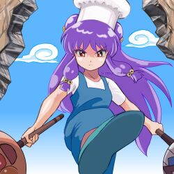 1girl angry anpanman anpanman_(character) artist_name baikinman batako_(anpanman) batako_(anpanman)_(cosplay) blue_overalls blue_shoes blue_sky breaking_through_wall broken_wall character_print chef_hat chui_(weapon) closed_mouth cloud cosplay double_bun dual_wielding hair_bun hat holding holding_weapon long_hair long_sidelocks looking_at_viewer low-tied_sidelocks miz_mus outstretched_leg overalls purple_hair ranma_1/2 red_eyes sakuma_rei_(voice_actor) scene_reference shampoo_(ranma_1/2) shirt shoes sidelocks sky solo standing standing_on_one_leg twitter_username v-shaped_eyebrows voice_actor_connection weapon white_hat white_shirt