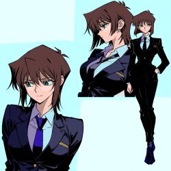 1girl black_footwear black_necktie black_pants black_suit brown_hair collared_shirt commentary english_commentary formal_clothes green_eyes hand_in_pocket highres kirajoesta720 long_sleeves mazaki_anzu medium_hair multiple_views necktie pants shirt shoes sidelocks suit white_shirt yu-gi-oh!