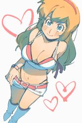 1girl bare_shoulders belt blonde_hair blue_eyes boots bra breasts buckle camisole cleavage crop_top cutie_honey eyelashes from_above full_body hairband hand_in_pants heart heart-shaped_buckle kisaragi_honey large_breasts long_hair looking_at_viewer looking_up malan micro_shorts navel panty_straps pink_belt pink_bra pink_hairband shorts smile solo standing underwear white_boots white_camisole white_shorts