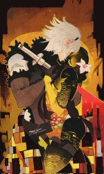 1boy 1girl artist_name black_skin blood body_markings colored_skin commentary corrupted_twitter_file dated english_commentary hetero highres impaled kaine_(nier) kiss medium_hair mono_queen nier nier_(series) nier_(brother) the_kiss twitter_username white_hair