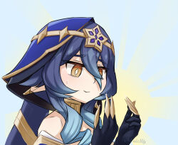 1girl bags_under_eyes blue_hair brown_eyes detached_hood drill_hair genshin_impact gloves hair_between_eyes hands_up highres hood jewelry layla_(genshin_impact) long_hair luizhtx multicolored_hair nervous_smile pointy_ears raised_inner_eyebrows smile solo sparkle sweat