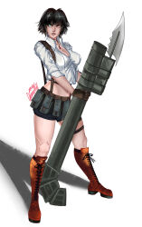 Rule 34 | 1girl, absurdres, bike shorts, black hair, boots, brown gloves, cybraxhell, devil may cry, devil may cry (series), devil may cry 3, gloves, green eyes, heterochromia, highres, holding, holding rocket launcher, holding weapon, jewelry, kalina ann (weapon), lady (devil may cry), midriff, necklace, red eyes, rocket launcher, scar, scar on leg, shirt, signature, simple background, weapon, white background, white shirt