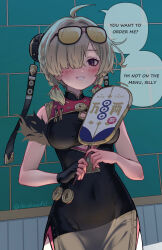 1girl ahoge black_dress black_gloves blush border breasts brown_hair china_dress chinese_clothes clothing_cutout commentary covered_navel cowboy_shot dress english_commentary english_text eyewear_on_head fingerless_gloves gloves grey_background hair_over_one_eye hand_fan highres holding holding_fan looking_at_viewer medium_breasts pelvic_curtain purple_eyes shirakawafel single_glove sleeveless sleeveless_dress smile solo sweety_(zenless_zone_zero) tinted_eyewear tuanshan yellow-tinted_eyewear zenless_zone_zero