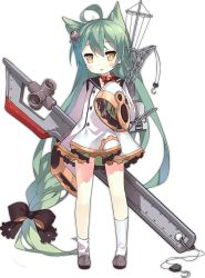 1girl :3 absurdly_long_hair ahoge akashi_(azur_lane) azur_lane bell bow braid choker dress female_focus full_body green_hair hair_bow hair_flaps hair_ribbon long_hair long_sleeves looking_at_viewer low-braided_long_hair low-tied_long_hair machinery mole mole_under_eye neck_bell official_art ribbon ribbon_choker saru screwdriver simple_background single_braid sleeves_past_wrists slit_pupils solo transparent_background very_long_hair white_dress wrench yellow_eyes
