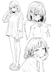 Rule 34 | 1girl, absurdres, blush, bob cut, breasts, commentary request, crocs, earrings, greyscale, happy, head rest, highres, jewelry, kuroki yuushin, looking at viewer, medium breasts, monochrome, multiple views, no pants, nose blush, original, oversized clothes, oversized shirt, own hands together, shirt, short hair, simple background, smile, stud earrings, sweat, topless female, white background