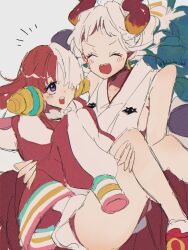 2girls ^_^ aqua_hair blush carrying closed_eyes earrings hair_over_one_eye headphones highres horns japanese_clothes jewelry kimono multiple_girls notice_lines one_piece one_piece_film:_red princess_carry purple_eyes red_hair rope shimenawa simple_background sleeveless sleeveless_kimono telushake_opnk twitter_username uta_(one_piece) very_long_sleeves white_background white_hair white_kimono yamato_(one_piece)