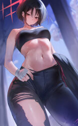1girl absurdres bare_shoulders black_hair black_pants blue_archive blurry blurry_background blush closed_mouth from_below halo highres looking_at_viewer looking_down misaki_(blue_archive) navel pants red_eyes red_halo rororo short_hair smile solo stomach sweat torn_clothes torn_pants