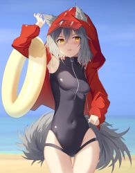 1girl absurdres animal_ears arknights arm_up armpits beach black_one-piece_swimsuit blue_sky blush breasts casual_one-piece_swimsuit covered_navel cowboy_shot day ears_through_headwear grey_hair highres hood hood_up hooded_jacket innertube jacket long_sleeves looking_at_viewer ocean official_alternate_costume one-piece_swimsuit open_mouth outdoors projekt_red_(arknights) projekt_red_(light_breeze)_(arknights) pu_ht red_jacket short_hair sky small_breasts solo swim_ring swimsuit tail thigh_gap unzipped v-shaped_eyebrows wolf_ears wolf_girl wolf_tail yellow_eyes