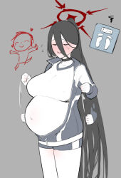 black_hair breasts clenched_hands closed_eyes covered_navel doodle_sensei_(blue_archive) flustered frustrated grey_jacket hair_between_eyes halo hasumi_(blue_archive) hasumi_(track)_(blue_archive) jacket large_breasts long_hair neck_collar non-web_source pants pregnant red_halo sensei_(blue_archive) shirt shorts thighs track_jacket track_pants very_long_hair weighing_scale white_shirt