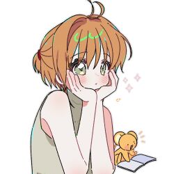 Rule 34 | 1girl, antenna hair, bare arms, bare shoulders, blush, book, brown hair, cardcaptor sakura, closed mouth, commentary, green eyes, green shirt, grey outline, hands on own face, highres, kero (cardcaptor sakura), kinomoto sakura, outline, shirt, short hair, simple background, sleeveless, sleeveless shirt, sparkle, symbol-only commentary, upper body, white background, yalmyu