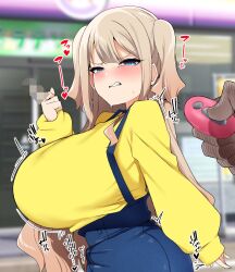 1boy 1girl aqua_eyes bebebe_(pepegakii) blue_eyes breasts brown_hair censored censored_gesture clenched_teeth commentary_request controller cowboy_shot curvy from_side grimace high-waist_skirt highres huge_breasts implied_vibrator kousaka_airi_(bebebe) long_hair long_sleeves middle_finger original outdoors pov pov_hands remote_control remote_control_vibrator sex_toy shirt shortstack skirt solo_focus suspender_skirt suspenders tearing_up teeth two_side_up underbust very_long_hair vibrator wireless_sex_toy_controller yellow_shirt