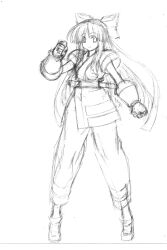 1girl ainu_clothes breasts clenched_hands fingerless_gloves gloves hair_ribbon highres kageyama_shinobi legs long_hair looking_at_viewer medium_breasts monochrome nakoruru pants ribbon samurai_spirits sketch smile snk solo the_king_of_fighters thighs traditional_media weapon