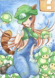 1up ?_block animal_ears bincho_tan blue_eyes boots breasts brown_hair gender_request genderswap gloves hat long_hair luigi mario_(series) mushroom nintendo open_mouth overalls raccoon_ears raccoon_luigi raccoon_tail super_mario_bros._1 tail underboob