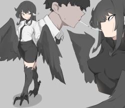 1boy 1girl absurdres animal_ears bird_ears black_eyes black_feathers black_hair black_necktie black_skirt black_undershirt black_wings breasts cigarette cigarette_kiss facial_scar feathers grey_background harpy highres long_hair medium_breasts monster_girl necktie office_lady original pencil_skirt scar scar_on_cheek scar_on_face shirt shirt_tucked_in simple_background skirt smile smoking talons thus0thus white_shirt wings