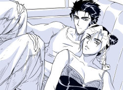 1boy 1girl braid braided_ponytail breasts bun_with_braided_base camisole cleavage commentary_request double_bun earrings father_and_daughter greyscale hair_bun jeonjin_(mynamebazin) jewelry jojo_no_kimyou_na_bouken korean_commentary kuujou_jolyne kuujou_joutarou medium_breasts monochrome multicolored_hair pants parted_lips sitting stone_ocean stud_earrings tank_top torn_clothes torn_pants two-tone_hair