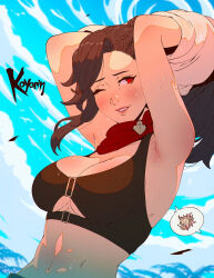 1girl arms_up artist_name bikini black_hair blush breasts choker cleavage commentary day earrings english_commentary final_fantasy final_fantasy_xiv highres hilda_ware jewelry koyorin long_hair looking_to_the_side medium_breasts miqo&#039;te navel one_eye_closed outdoors parted_lips ponytail red_eyes red_scarf scarf smile solo speech_bubble spoken_character swimsuit upper_body wet