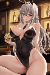 1girl absurdres animal_ears bare_shoulders black_leotard blue_eyes blush breasts cup detached_collar fake_animal_ears grey_hair highres holding holding_cup large_breasts leotard lillly long_hair looking_at_viewer necktie original playboy_bunny rabbit_ears smile solo strapless strapless_leotard thighs very_long_hair