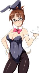 1girl akizuki_ritsuko animal_ears bare_shoulders black_leotard black_pantyhose blunt_bangs bow breasts brown_eyes brown_hair contrapposto cowboy_shot detached_collar fake_animal_ears glasses hand_on_own_hip holding holding_tray idolmaster idolmaster_(classic) jabara_tornado large_breasts leotard long_hair looking_at_viewer pantyhose pink_bow playboy_bunny rabbit_ears simple_background standing tray waitress white_background wrist_cuffs
