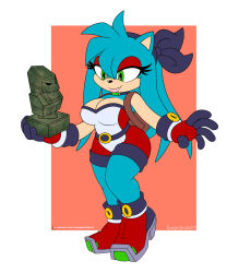 1girl bare_shoulders belt breasts eyeshadow full_body green_eyes hedgehog_girl highres holding large_breasts long_hair makeup omegasunburst original purity_the_hedgehog red_eyeshadow solo sonic_(series) thick_thighs thighs very_long_hair