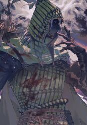 Rule 34 | 1boy, armor, arrow (projectile), belt, belt buckle, belt pouch, black shirt, blood, blood on clothes, blood on hands, blue eyes, buckle, cape, chinese commentary, elbow gloves, elden ring, elden ring nightreign, geranbb, gloves, green armor, green cape, green hood, hand up, highres, ironeye (elden ring), looking to the side, male focus, mask, mouth mask, pouch, quiver, shirt, solo, upper body, white hair