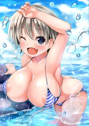 Rule 34 | 1girl, areola slip, armpits, bikini, blonde hair, blue bikini, blush, bra, breasts, butt crack, cleavage, collarbone, cowboy shot, day, female focus, large breasts, leaning forward, looking at viewer, ocean, one eye closed, open bra, open mouth, outdoors, pyonpyonmaru, short hair, side-tie bikini bottom, solo, standing, striped bikini, striped clothes, summer, swimsuit, thighs, underwear, untied bikini, uzaki-chan wa asobitai!, uzaki hana, wading, wardrobe malfunction, white bikini, wince