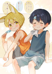 2boys :3 absurdres animal_ears arm_support black_hair black_shorts blonde_hair blue_shirt blue_shorts blush closed_eyes closed_mouth colored_speech_bubble commentary_request crew_neck dot_nose double-parted_bangs far_tarooo feet_out_of_frame food hair_between_eyes highres hiro_(far_tarooo) holding holding_food holding_popsicle holding_towel hot looking_at_another looking_to_the_side male_focus multiple_boys noru_(far_tarooo) orange_shirt original parted_bangs popsicle print_shirt rabbit_boy rabbit_ears shirt short_hair shorts sideways_glance sitting sleeveless sleeveless_shirt speech_bubble towel yellow_eyes