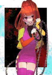 Rule 34 | 1girl, blunt bangs, buncho083, chain, collar, corruption, dark persona, earrings, gnosia, hair between eyes, heart, heart earrings, high ponytail, highres, jewelry, long hair, long sleeves, looking at viewer, nail polish, ponytail, red eyes, red hair, simple background, solo, sq (gnosia), tattoo, turtleneck, upper body