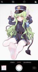 Rule 34 | 1girl, absurdres, armband, arms up, bei qi, black hat, black jacket, black skirt, blue archive, blush, closed mouth, commentary request, demon tail, feet, foot focus, gloves, green hair, grey background, hat, highres, hikari (blue archive), jacket, legs, long hair, looking at viewer, no shoes, pantyhose, pleated skirt, shako cap, short eyebrows, simple background, sitting, skirt, soles, solo, tail, thick eyebrows, toe seam, toes, v-shaped eyebrows, very long hair, white gloves, white pantyhose, yellow eyes