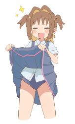 1girl :d ^_^ bare_arms bare_legs blue_one-piece_swimsuit blue_skirt blush_stickers brown_hair closed_eyes clothes_lift colored_inner_hair commentary cowboy_shot dot_nose facing_viewer fang flashing gluteal_fold hair_intakes highres lifting_own_clothes multicolored_hair oka_asahi one-piece_swimsuit onii-chan_wa_oshimai! open_mouth orange_hair pleated_skirt pon_sugar school_swimsuit school_uniform shirt short_hair short_sleeves simple_background skirt skirt_lift smile solo sparkle suspender_skirt suspenders swimsuit swimsuit_under_clothes two-tone_hair two_side_up white_background white_shirt