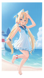 1girl :d absurdres ahoge animal_ear_fluff animal_ears aqua_eyes aqua_neckerchief bare_legs barefoot beach blonde_hair blue_eyes blue_hair blue_nails blue_neckerchief blue_sailor_collar blue_scrunchie blue_sky border cat_ears cloud commentary day dress english_commentary feet fins fish_girl fish_tail foot_up fpvjoe frilled_dress frills full_body hand_on_own_forehead highres indie_virtual_youtuber lighthouse long_hair looking_at_viewer low_twintails multicolored_hair nail_polish neckerchief ocean open_mouth outdoors outside_border sailor_collar sameko_saba scrunchie signature sky sleeveless sleeveless_dress smile solo streaked_hair tail toenail_polish toenails toes twintails very_long_hair virtual_youtuber white_border white_dress wrist_scrunchie