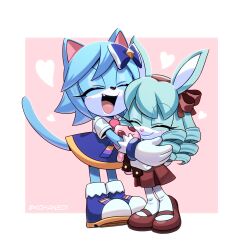 2girls animal_ears anya_the_rabbit artist_name blue_boots blue_fur blue_hair blue_skirt blush boots brown_dress brown_shoes cat_ears cat_girl cat_tail chao_(sonic) closed_eyes dress furry furry_female gloves heart highres hug kohane01 long_hair mint_the_cat multicolored_boots multiple_girls open_mouth original pantyhose rabbit_ears rabbit_girl ringlets shirt shoes skirt sonic_(series) tail two-tone_boots white_boots white_gloves white_pantyhose white_shirt