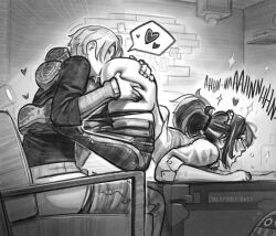 1boy 1girl ass blush calamari_cakes clothes_pull cunnilingus eous_(zenless_zone_zero) hetero indoors monochrome oral panties pants pants_pull panty_pull top-down_bottom-up underwear wise_(zenless_zone_zero) zenless_zone_zero zhu_yuan
