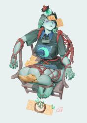 absurdres blush bound bound_ankles bound_arms bound_legs bound_wrists candle chair chen_zhang closed_eyes colored_skin crescent eyeball fang fingernails green_skin hat highres jiangshi ofuda original qingdai_guanmao sharp_fingernails sharp_toenails slit_pupils toenails