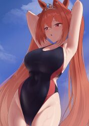 1girl absurdres animal_ears arms_up blue_one-piece_swimsuit blue_sky blush breasts brown_hair cloud cloudy_sky collarbone commentary competition_swimsuit covered_navel daiwa_scarlet_(umamusume) day english_commentary glint hair_between_eyes highres horse_ears horse_girl large_breasts long_hair necropoi one-piece_swimsuit open_mouth pink_eyes red_one-piece_swimsuit sky solo swimsuit tiara twintails two-tone_one-piece_swimsuit umamusume very_long_hair
