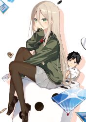1boy 1girl absurdres ace_(playing_card) ace_of_hearts between_legs black_footwear black_hair bow brown_hair brown_pantyhose card collared_shirt commentary_request dice green_eyes green_sweater grey_eyes grey_skirt hair_between_eyes hand_between_legs heart highres holding holding_card kouryaku_dekinai_mineuchi-san loafers long_hair long_sleeves pantyhose playing_card pleated_skirt puffy_long_sleeves puffy_sleeves red_bow school_uniform shirt shoes sitting skirt sleeves_past_wrists sofra solo_focus sweater textless_version v-shaped_eyebrows very_long_hair white_shirt