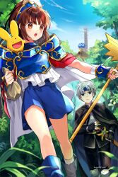 1boy 1girl arle_nadja armor artist_name bag black_cape black_gloves black_pants black_shirt blue_armor blue_boots blue_eyes blue_headband blue_skirt blue_sky boots bracer breastplate brown_eyes brown_hair cape carbuncle_(puyopuyo) chest_guard closed_mouth cloud commentary creature creature_on_shoulder fingerless_gloves forest gloves grey_hair hand_on_hilt headband highres holding holding_bag holding_sheath holding_staff kuroda_(kuro_yyy) money_bag nature on_shoulder open_mouth pants pauldrons plant puyo_(puyopuyo) puyopuyo red_cape schezo_wegey sheath sheathed shirt shoulder_armor signature skirt sky smile staff standing sword teeth tower tree two-sided_cape two-sided_fabric upper_teeth_only waku_waku_puyo_dungeon walking weapon white_cape white_shirt wristband