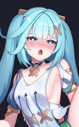 1girl aqua_hair black_background blush breasts choker clothing_cutout commentary_request detached_sleeves ewaaawa faruzan_(genshin_impact) genshin_impact green_eyes hair_ornament hairclip heart heart-shaped_pupils highres leg_up long_hair looking_up medium_breasts no_bra nose_blush open_mouth shirt short_sleeves shoulder_cutout sideboob simple_background sleeveless sleeveless_shirt smile solo symbol-shaped_pupils twintails upper_body white_choker white_shirt x_hair_ornament
