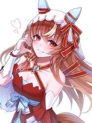 1girl animal_ears blush breasts brown_hair cleavage closed_mouth collarbone detached_sleeves hair_between_eyes hair_ornament heart highres horse_ears horse_girl looking_at_viewer portrait red_eyes ribbon siinapurin simple_background small_breasts solo still_in_love_(umamusume) umamusume white_background