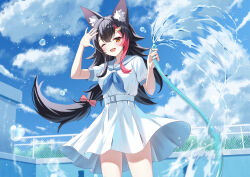 1girl animal_ear_fluff animal_ears black_hair blue_neckerchief breasts hair_ornament highres holding holding_hose hololive hose long_hair medium_breasts multicolored_hair neckerchief one_eye_closed ookami_mio open_mouth pool red_hair school_uniform serafuku smile solo streaked_hair togemaru34 virtual_youtuber water white_serafuku wolf_ears wolf_girl yellow_eyes