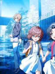 3girls absurdres backpack bag black_hair blue_background blue_eyes blue_jacket brown_hair child curtained_hair dress glasses haibara_ai hairband highres holding_hands jacket jodie_starling kuga_huna meitantei_conan multiple_girls outdoors pants school_bag short_hair shoulder_bag white_dress white_pants yoshida_ayumi