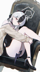 1girl absurdres bare_shoulders black_bow black_choker black_dress black_shoes blue_archive blush bow cardigan choker closed_mouth demon_girl demon_horns demon_wings dress ear_piercing hair_behind_ear hair_between_eyes hair_bow high_heels highres horns hugging_own_legs kayoko_(blue_archive) kayoko_(dress)_(blue_archive) long_hair looking_at_viewer maria_(maria_rose) official_alternate_costume official_alternate_hairstyle on_chair piercing red_eyes shoes sidelocks sideways_sitting_pose_(han-0v0) single_wing sitting smile solo white_hair wings yellow_cardigan