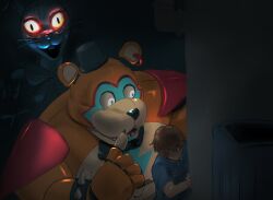 1girl 2boys absurdres animal_ears bear_boy bear_ears black_bow black_bowtie blue_shirt bow bowtie bracelet brown_hair buck_teeth commentary costume english_commentary fangs finger_to_mouth five_nights_at_freddy&#039;s five_nights_at_freddy&#039;s:_security_breach furry furry_male glamrock_freddy glowing glowing_eyes gregory_(fnaf) hat hiding highres index_finger_raised jewelry lightning_bolt_symbol looking_at_another looking_to_the_side multiple_boys non-humanoid_robot open_mouth peeking rabbit_ears rabbit_girl robot rotton99 shirt shushing smile spiked_bracelet spikes teeth top_hat vanny_(fnaf) whiskers