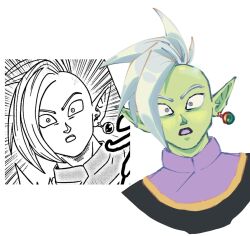 1boy cashmro colored_skin comic_panel_redraw derivative_work dragon_ball dragon_ball_super earrings gasp green_skin grey_eyes jewelry mohawk pointy_ears potara_earrings purple_shirt redrawn shirt shocked_pupils short_hair solo surprised white_hair zamasu