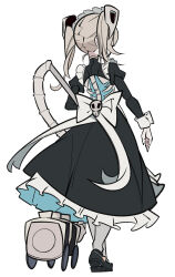 1girl apron back_bow bloody_marie_(skullgirls) bow cxdotchison dress frilled_apron frilled_dress frills from_behind full_body grey_hair hair_ornament juliet_sleeves long_hair long_sleeves maid_headdress mary_janes pantyhose puffy_sleeves ribs shoes shrug_(clothing) skeleton skull_hair_ornament skullgirls solo twintails vacuum_cleaner white_background